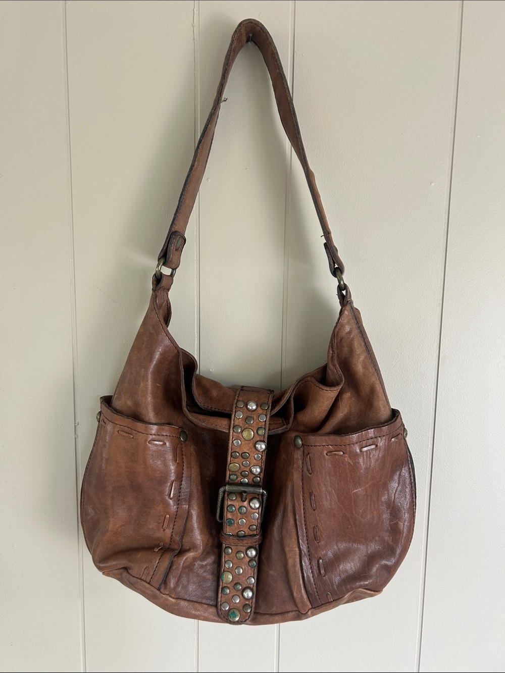 Patricia Nash Studded Brown Italian Leather Hobo Bag